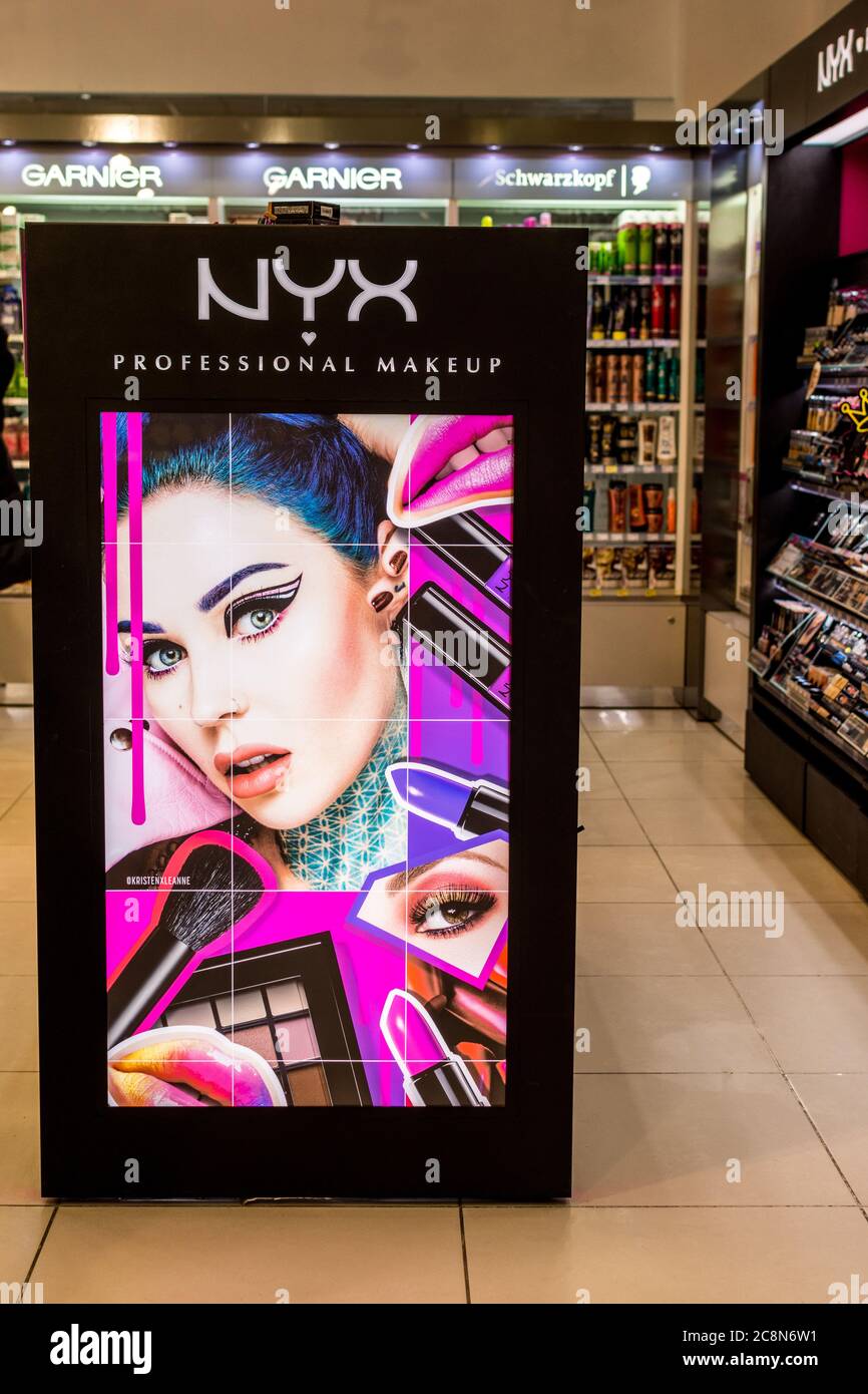 A stand with professional NYX cosmetics depicting a girl with makeup in a shopping center store, Stavropol, Russia, 25.03.2019 Stock Photo