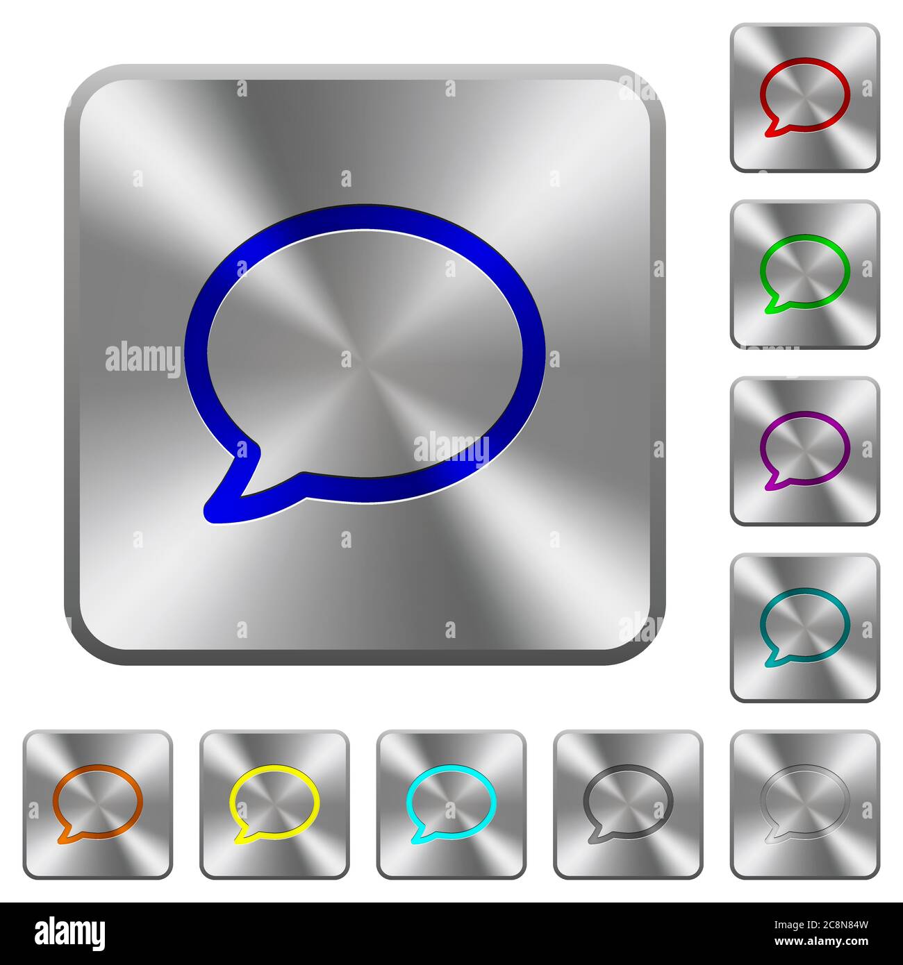 Engraved comment icons on rounded square steel buttons Stock Vector