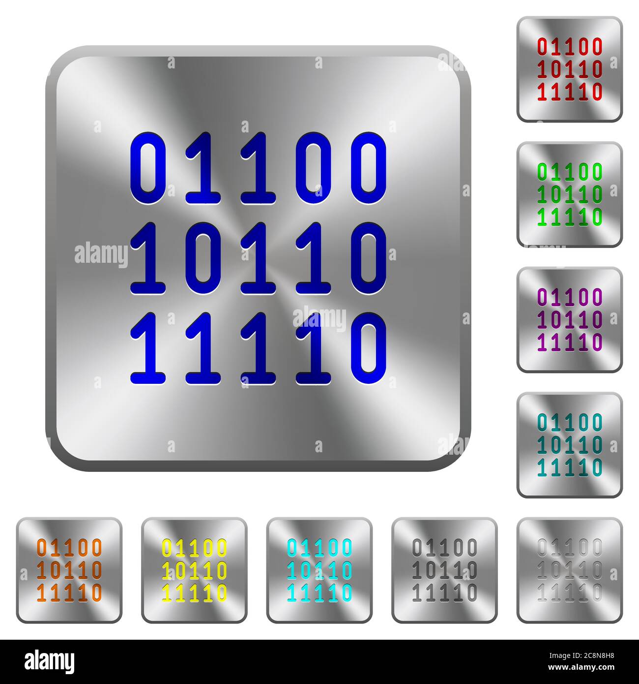 Engraved binary code icons on rounded square steel buttons Stock Vector