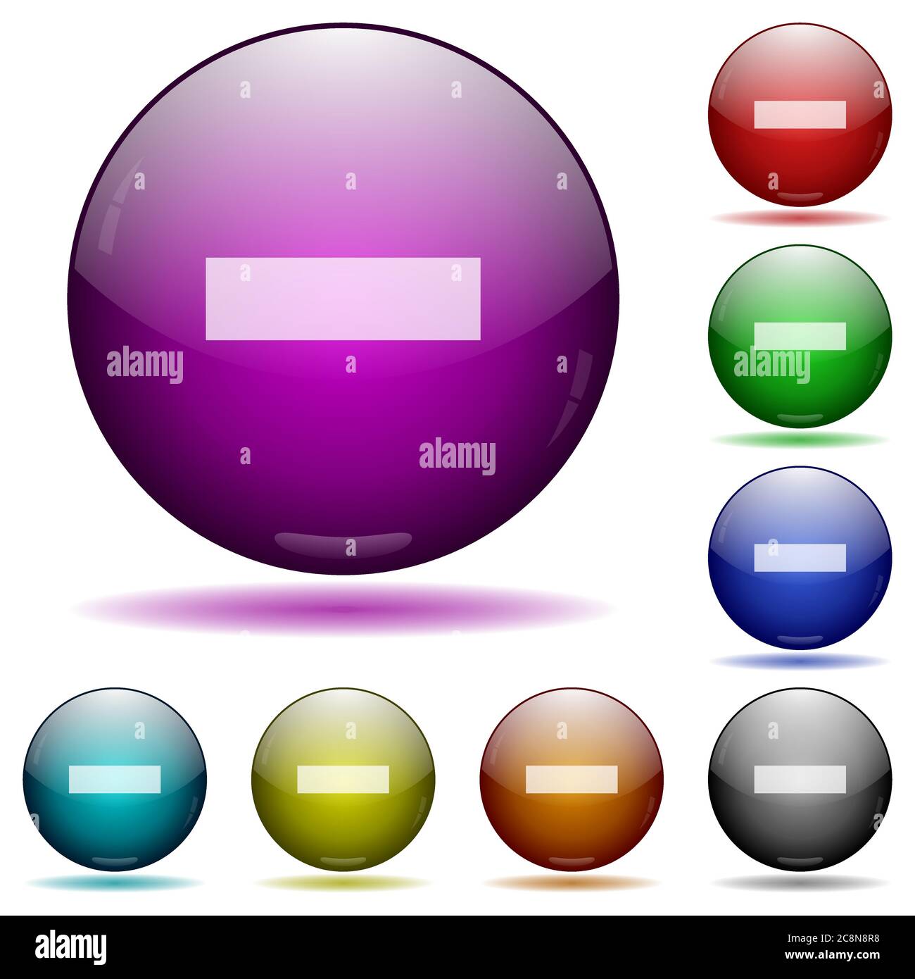 Set of color minus sign glass sphere buttons with shadows. Stock Vector