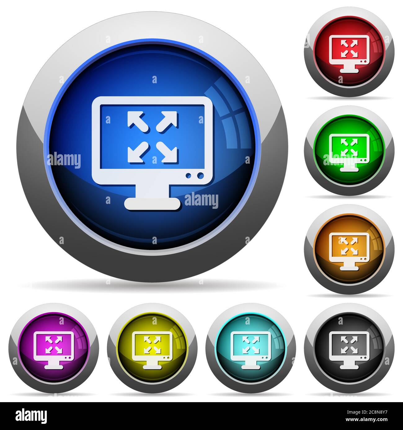 Set of round glossy Fullscreen view buttons. Arranged layer structure. Stock Vector