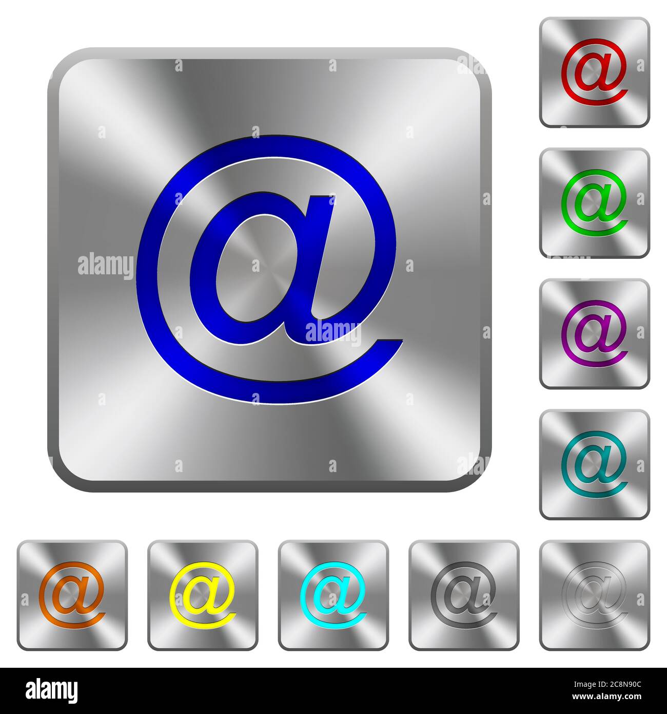 Engraved email icons on rounded square steel buttons Stock Vector