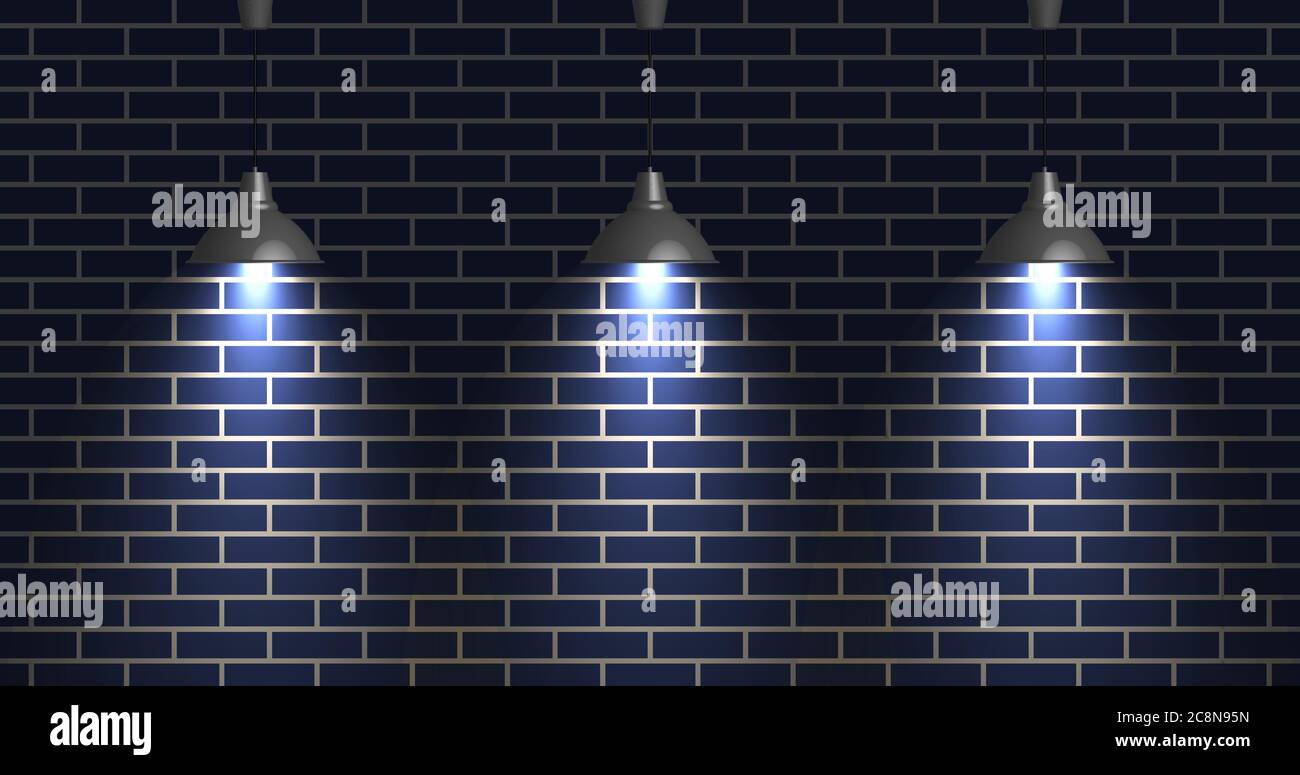 Dark brick wall illuminated by lamps, vector illustration. Stock Vector
