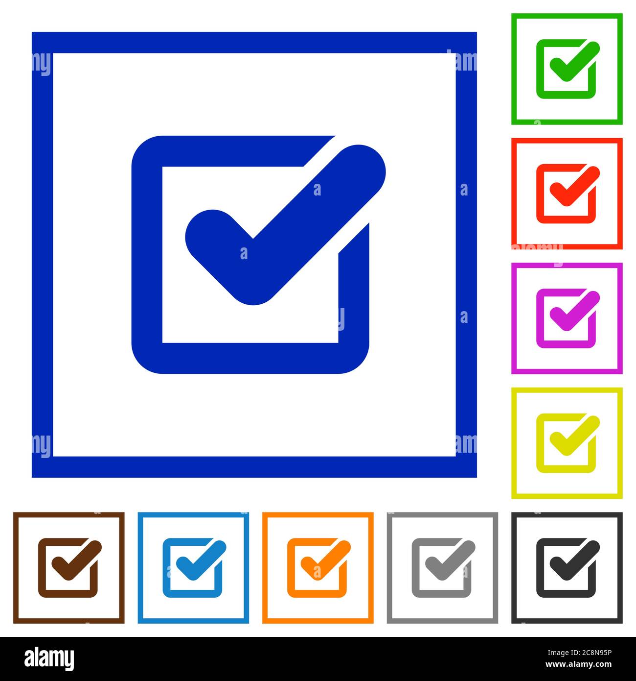 Set of color square framed checkbox flat icons on white background ...