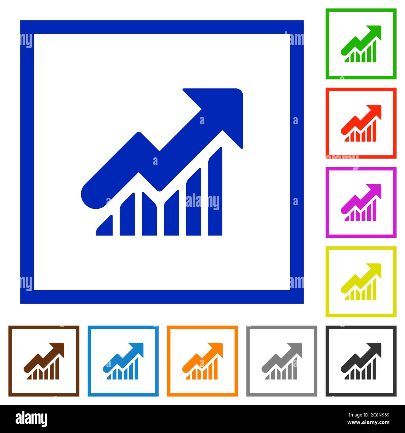 Set of color square framed rising graph flat icons on white background ...