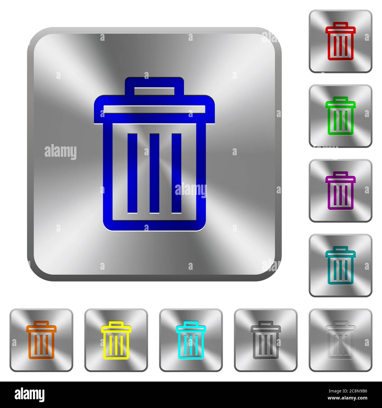 Engraved delete icons on rounded square steel buttons Stock Vector