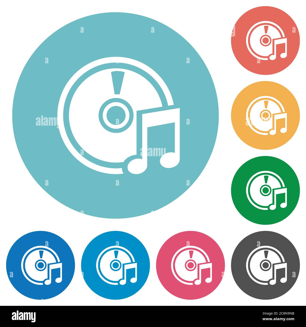 Flat audio CD icon set on round color background. Stock Vector