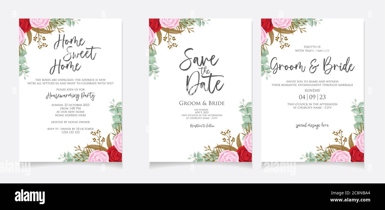 Invitation card template with watercolor rose design frame for Housewarming party celebration, save the date, wedding or greeting card. Vector design Stock Vector