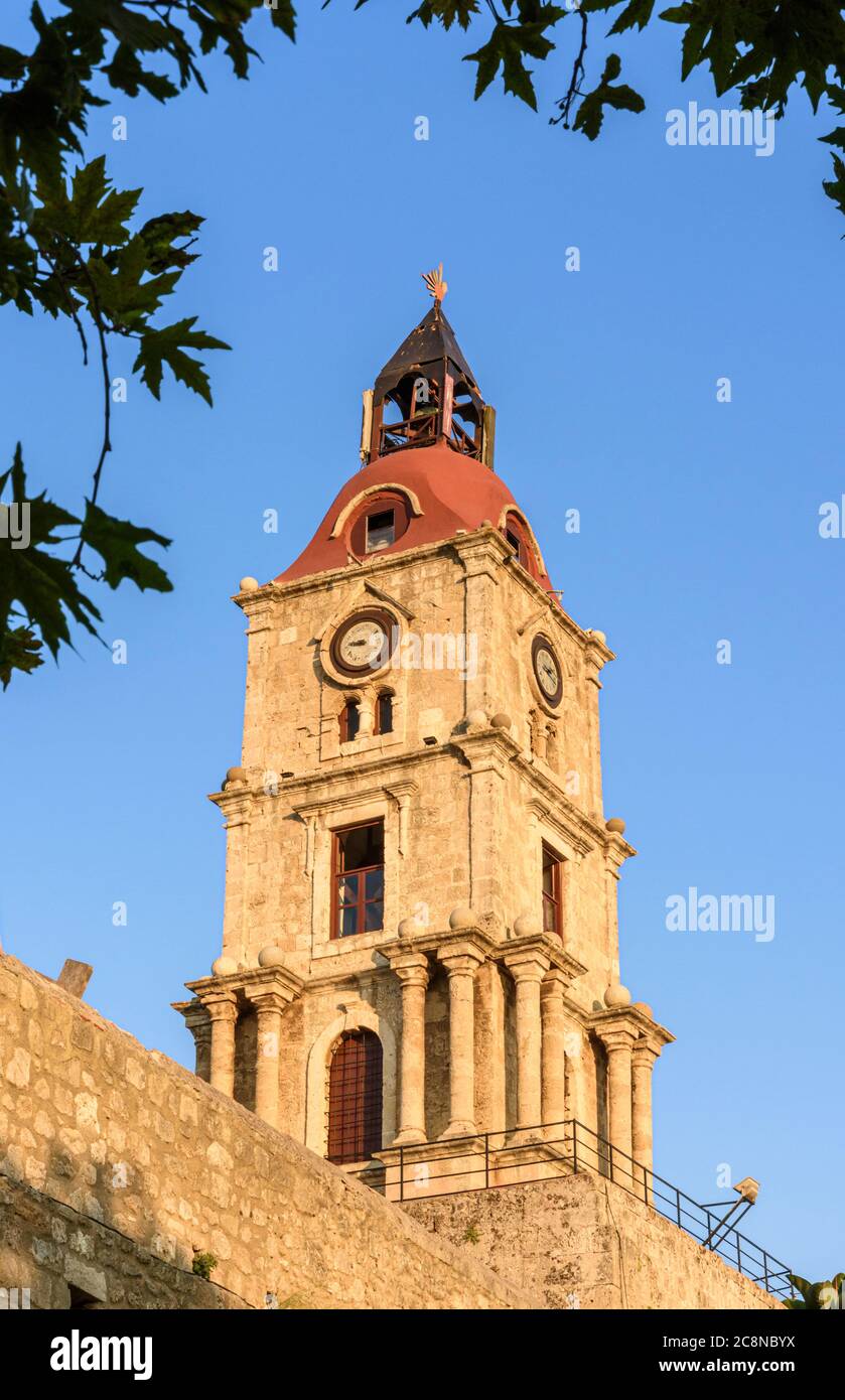 The Medieval Clock Tower in Rhodes Town, Rhodes Island, Greece Stock