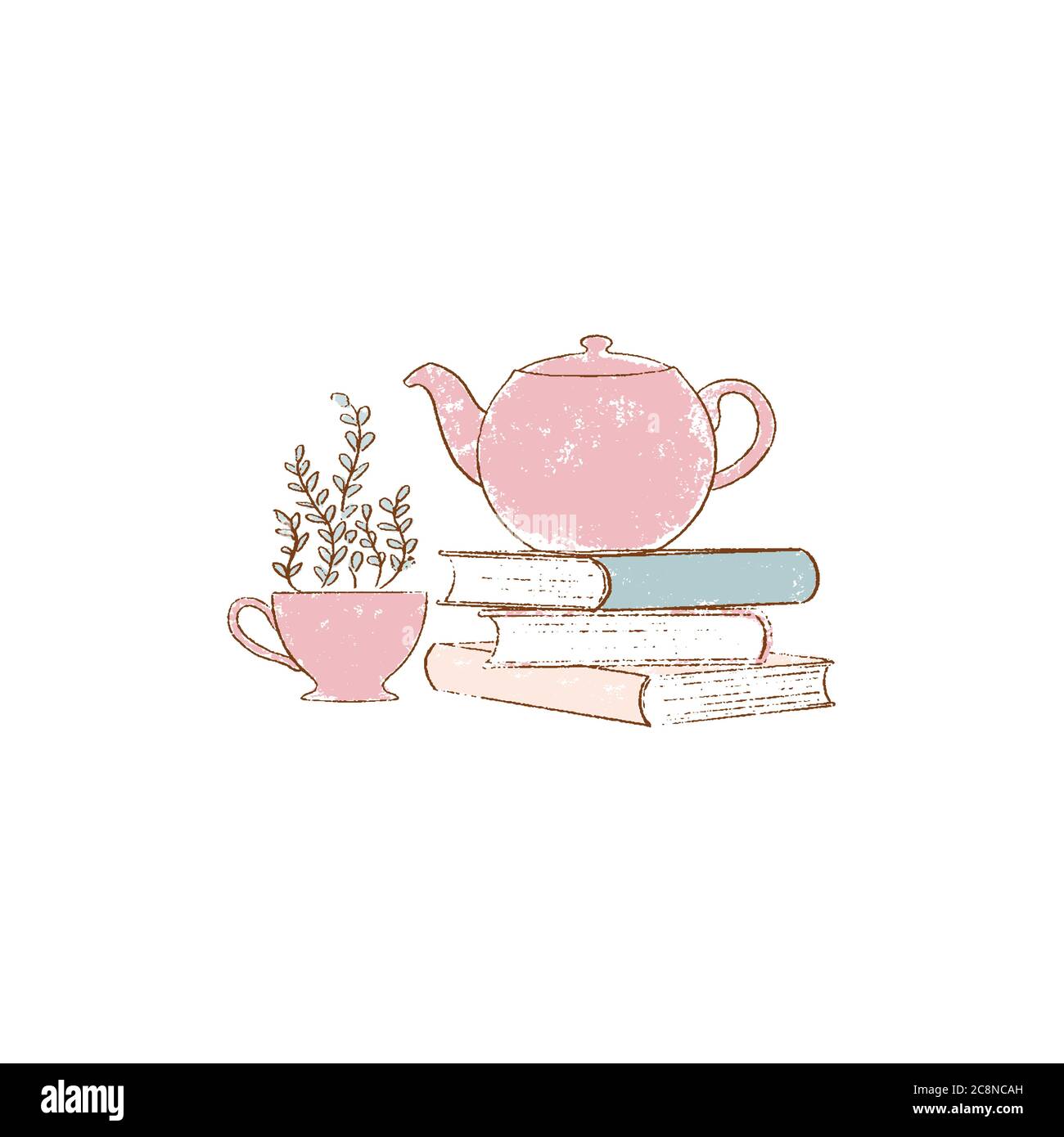 stack of Old books, red teapot and cup. hand-drawn vintage grunge style  colorful cartoon isolated on white. cozy lifestyle. vector illustration.  Readi Stock Vector Image & Art - Alamy