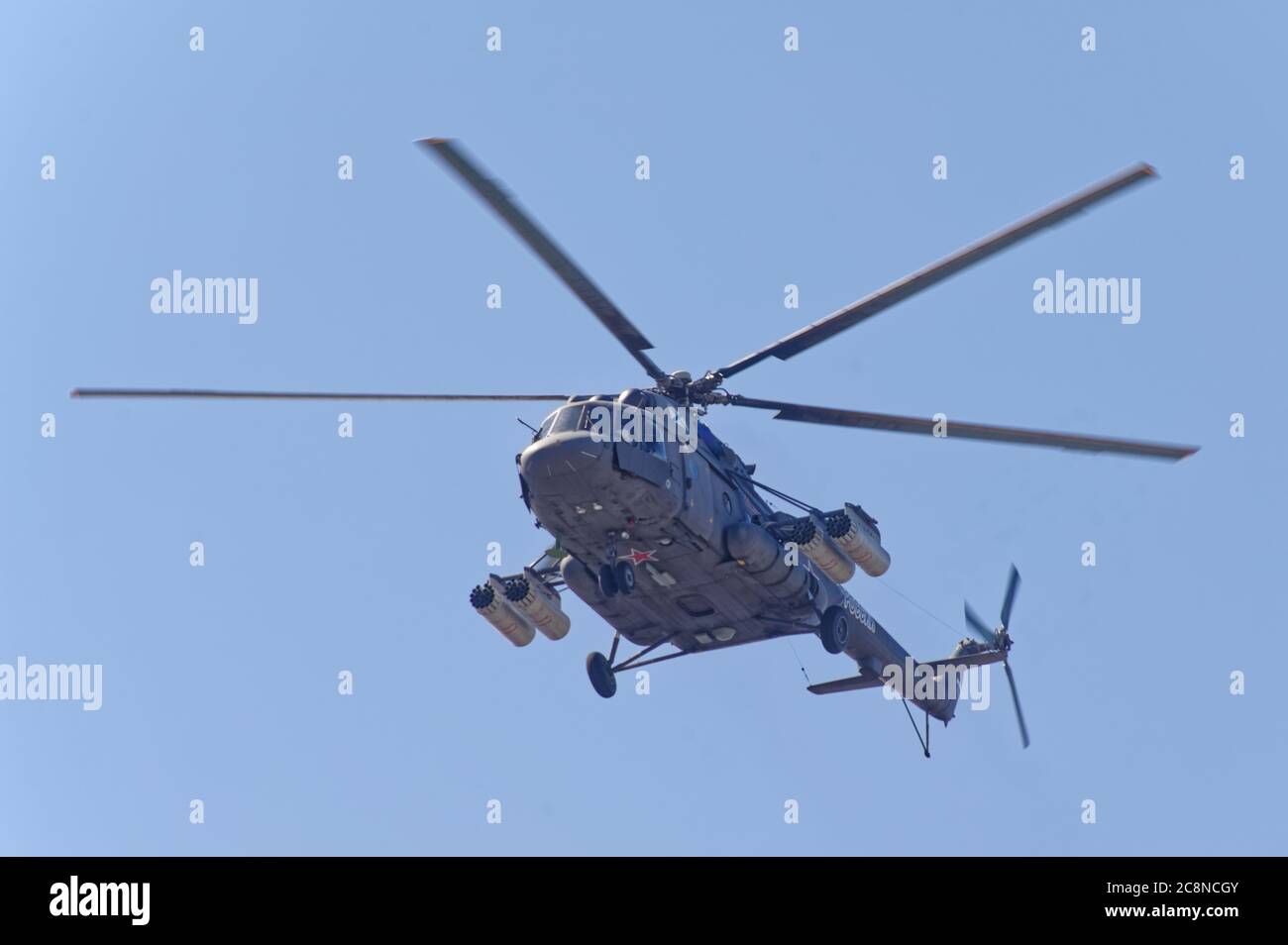 St. Petersburg, Russia - July 26, 2020: Helicopter Mil Mi-8 Hip in the sky during the military parade dedicated to the Russian Navy Day. The parade is the main event of the celebrations held annually in the last Sunday of July Stock Photo