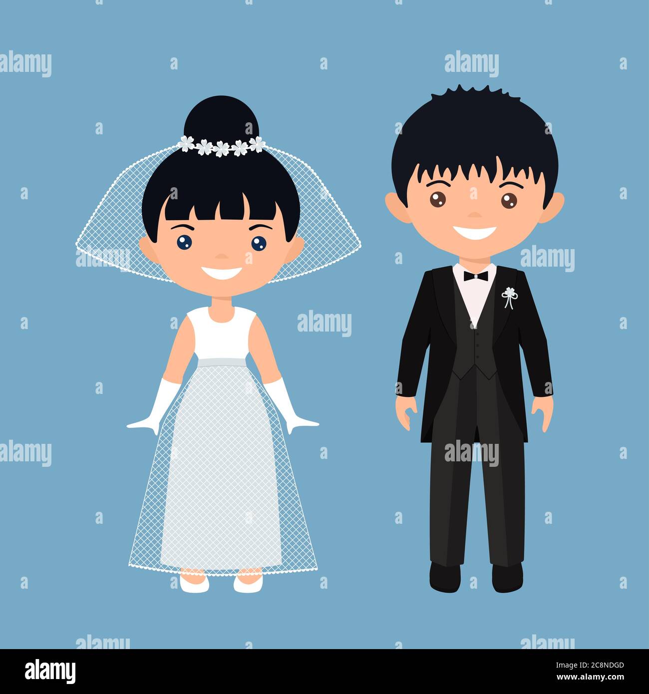 Cute chibi characters boy and girl in wedding suits. Flat cartoon style. Vector illustration Stock Photo