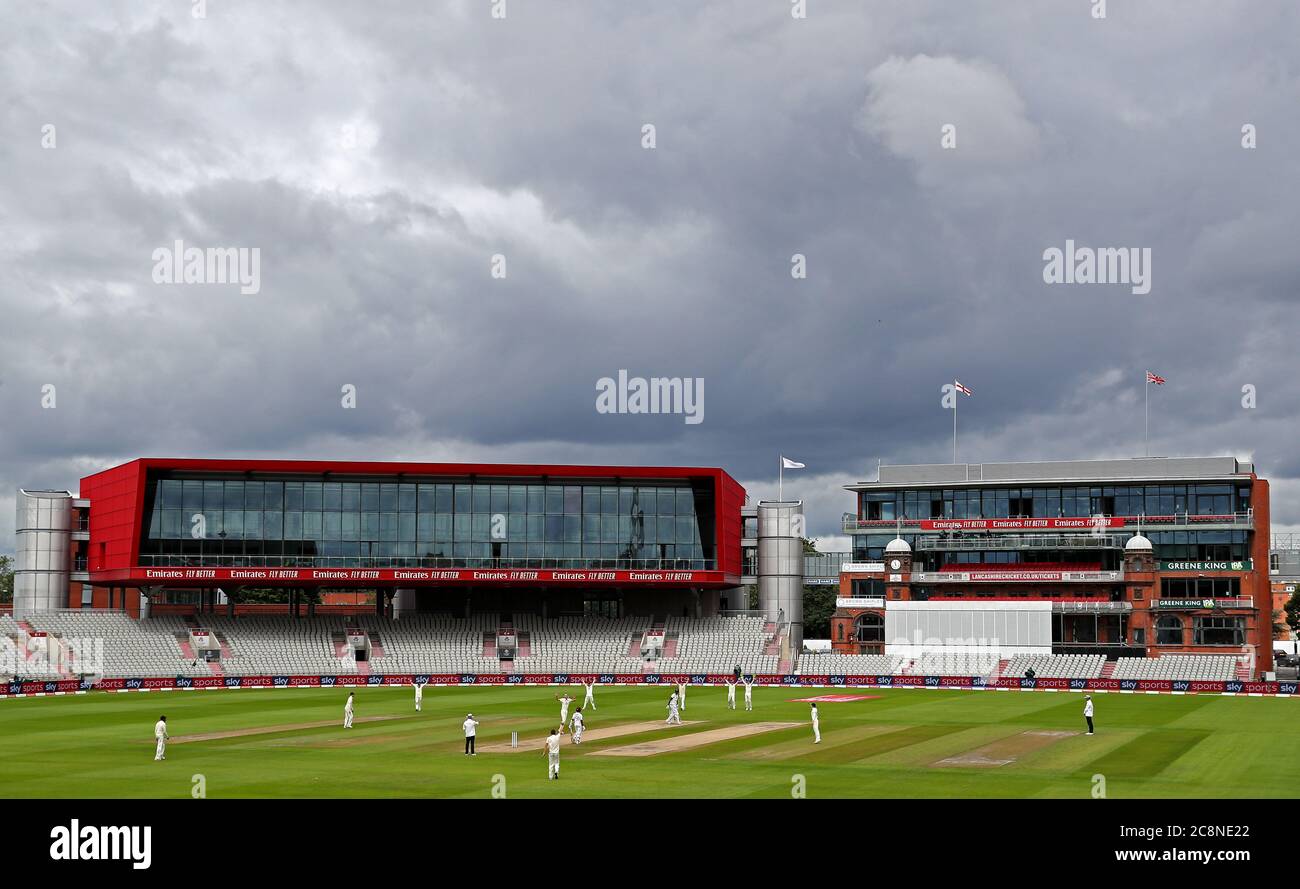 A general view as England's Stuart Broad successfully appeals for the wicket of West Indies captain Jason Holder during day three of the Third Test at Emirates Old Trafford, Manchester. Stock Photo