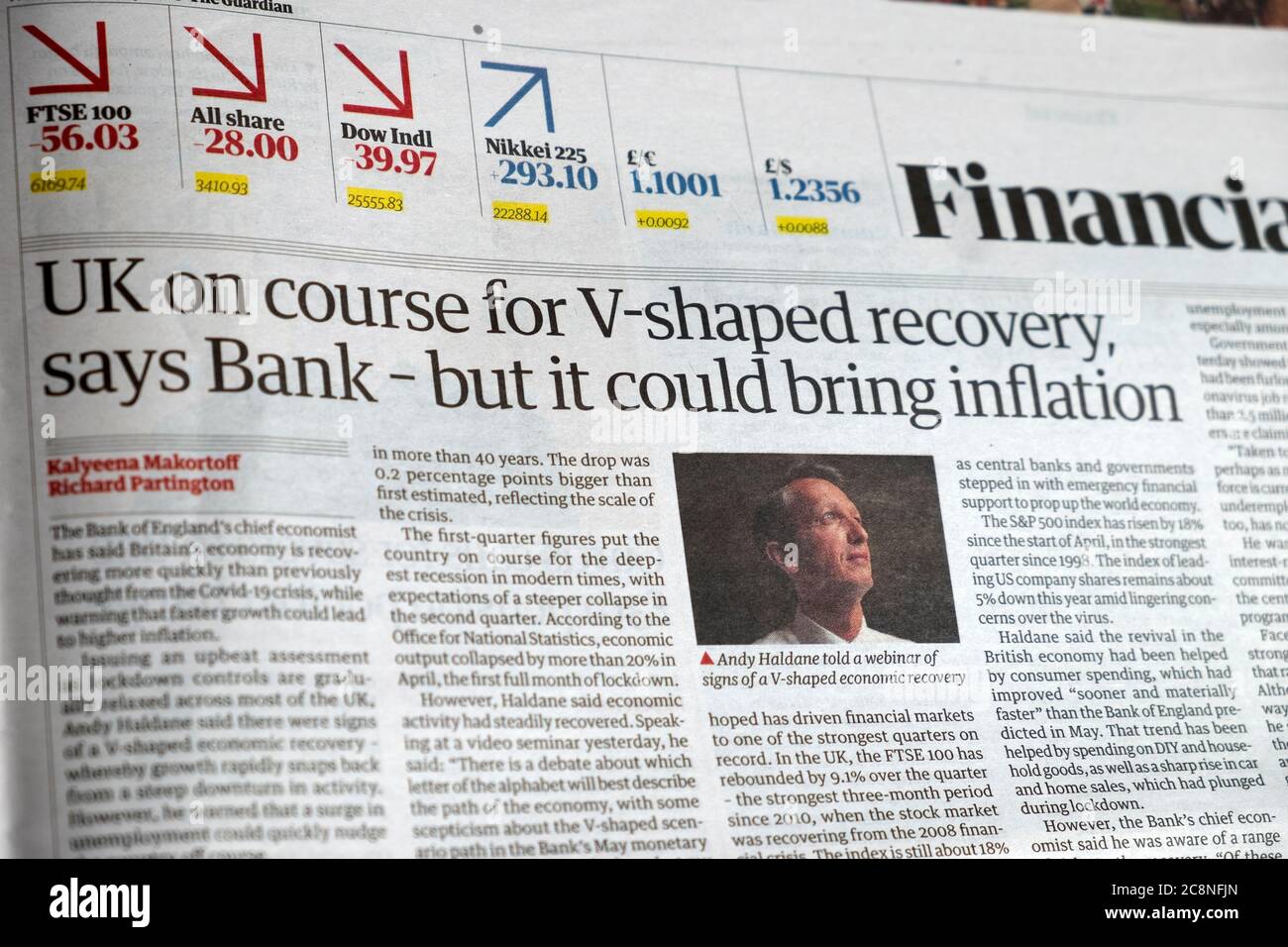 Financial section of the Guardian newspaper headline 'UK on course for V-shaped recovery says Bank - but it could bring inflation' 30 June 2020 London Stock Photo