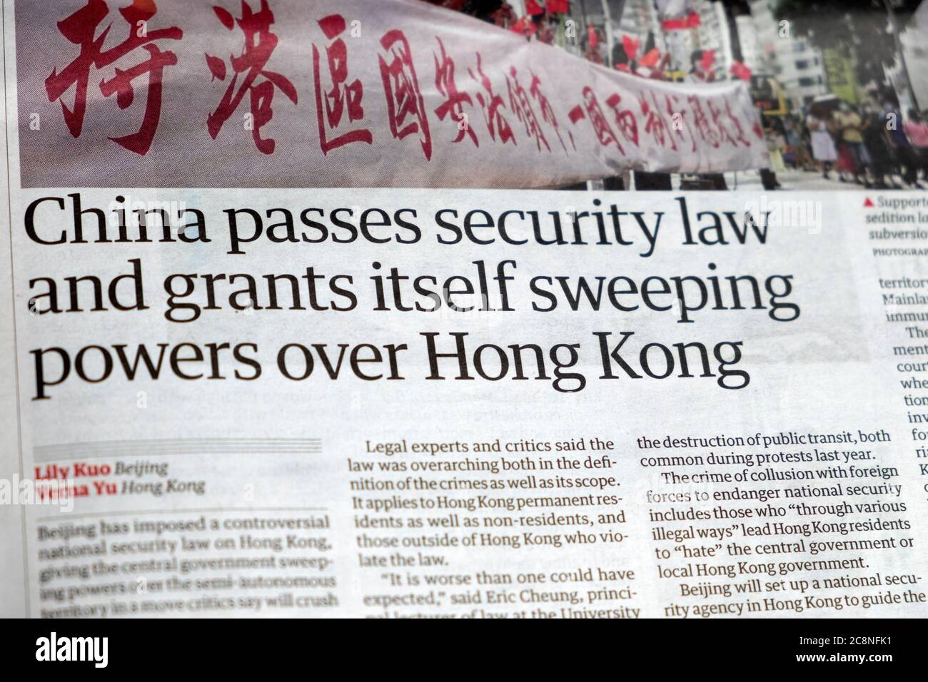 'China passes security law and grants itself sweeping powers over Hong Kong' newspaper headline inside page article Guardian 1 July 2020 London UK Stock Photo