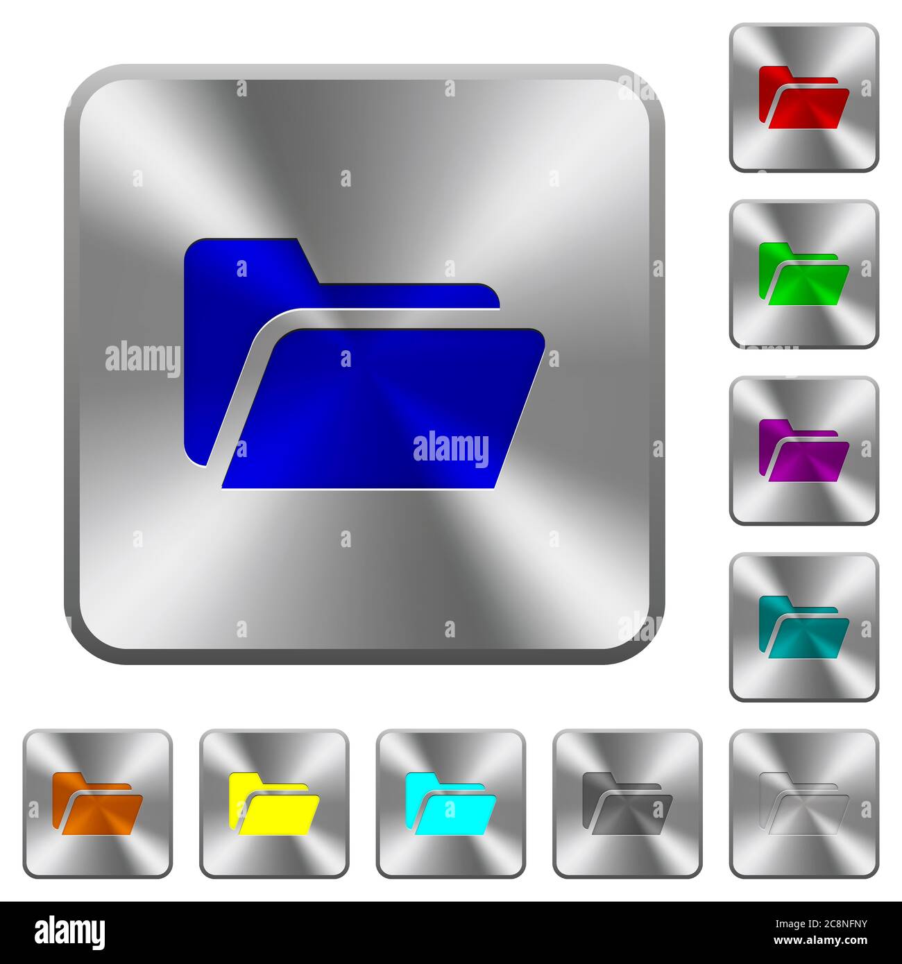 Engraved folder open icons on rounded square steel buttons Stock Vector