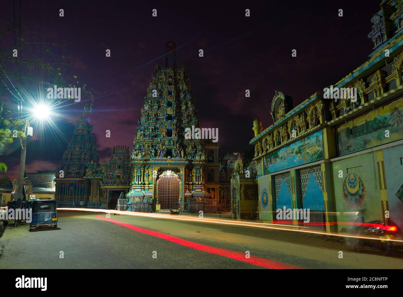 Night at the ancient Hindu temple of Sri Bhadrakali Amman Kovil (Kali Kovil). Trincomalee, Sri Lanka Stock Photo