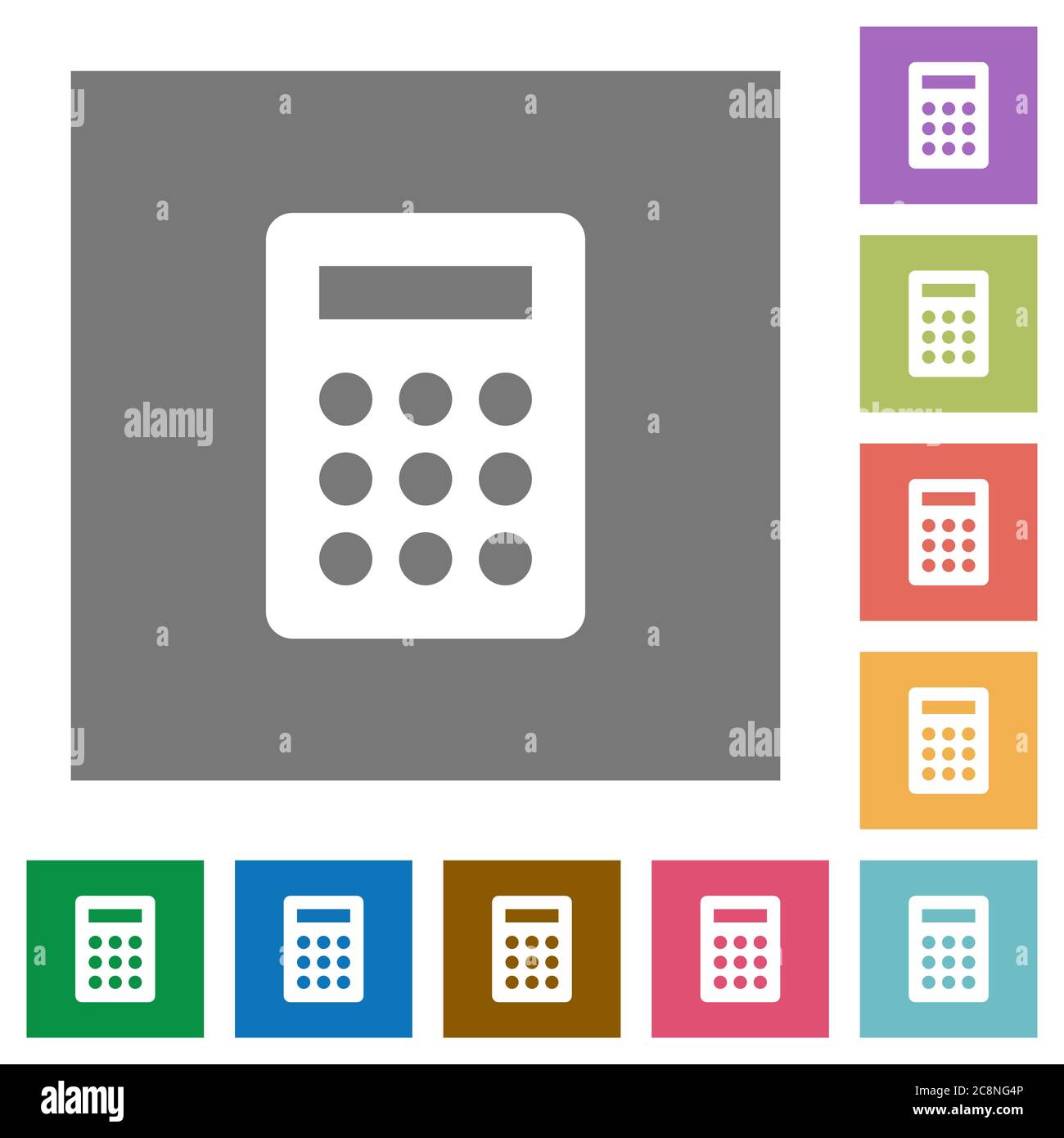 Calc flat icon set on color square background. Stock Vector