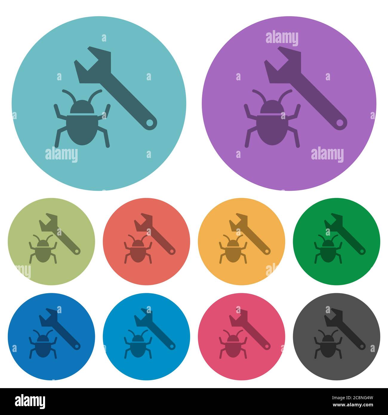 Color bug fixing flat icon set on round background. Stock Vector