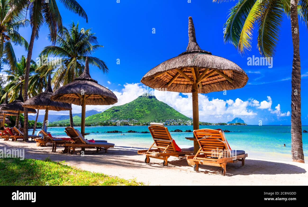 Relaxing holidays in tropical paradise. Mauritius island. Flic en Flac beach Stock Photo