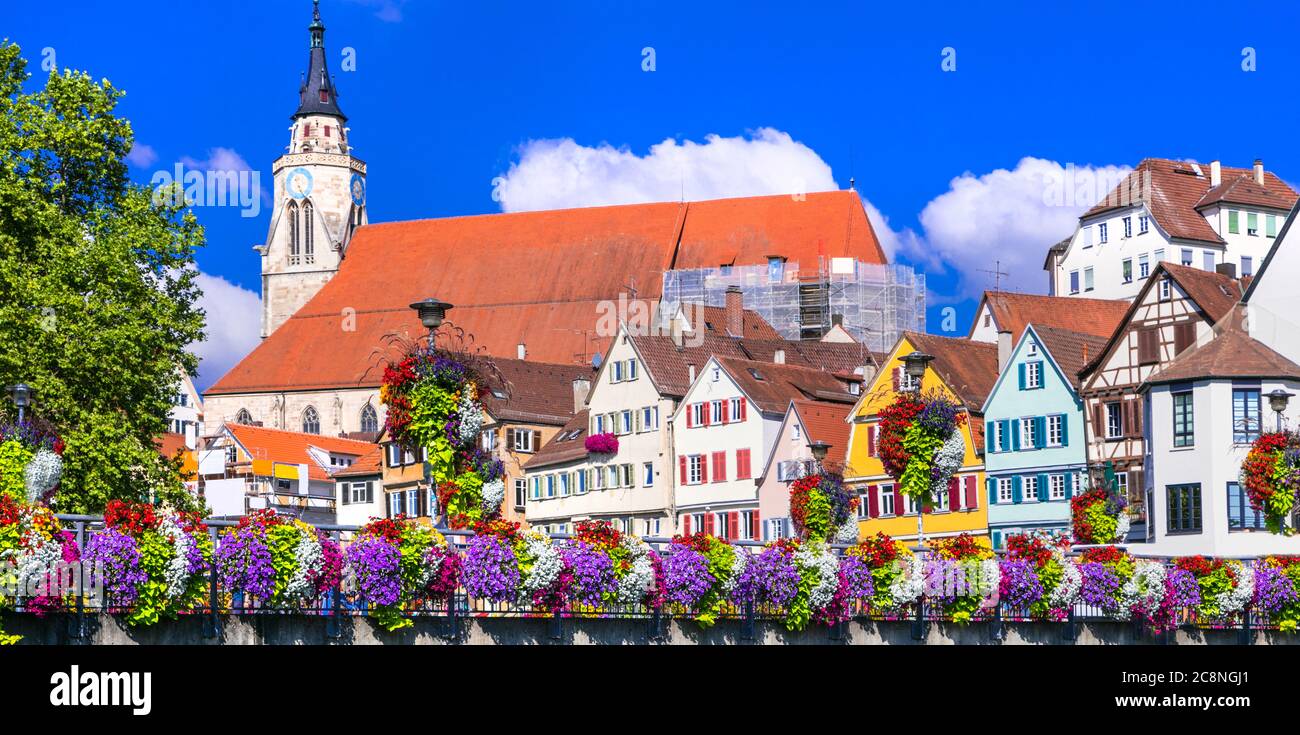 Most colorful places - Tubingen town decoarated by flowers. Germany Stock Photo
