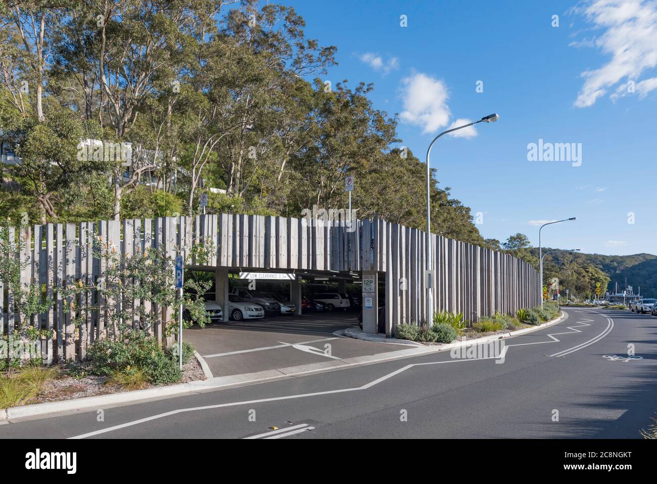 The Church Point, Sydney car park designed and built in 2018 by Ward Group uses eucalyptus vertical timber to blend in naturally into its surroundings Stock Photo