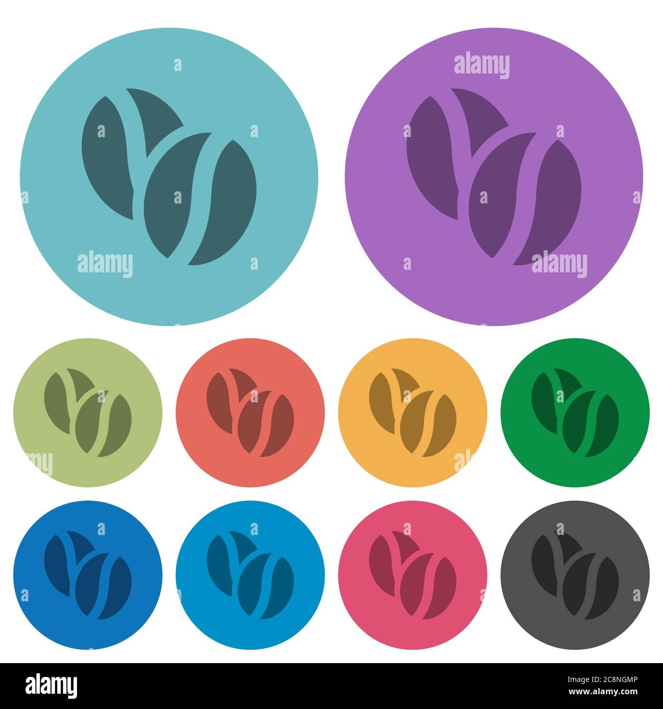Color coffee beans flat icon set on round background. Stock Vector