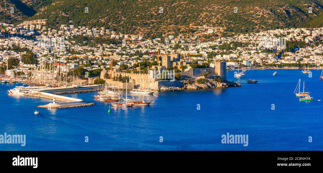 Bodrum, landmarks of Turkey . hilltop view of marina and old town with medieval castle Stock Photo