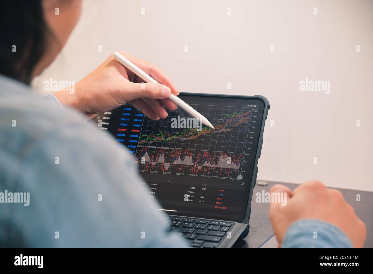 Businessman use tablet for analyzing forex chart with indicator for order sell or buy ,Stock trading make profit selective focus on hand Stock Photo