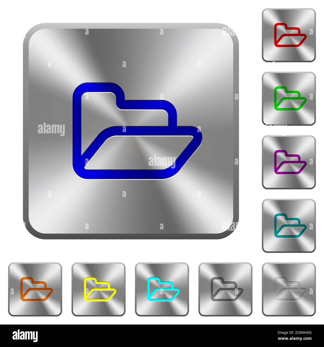 Engraved folder icons on rounded square steel buttons Stock Vector