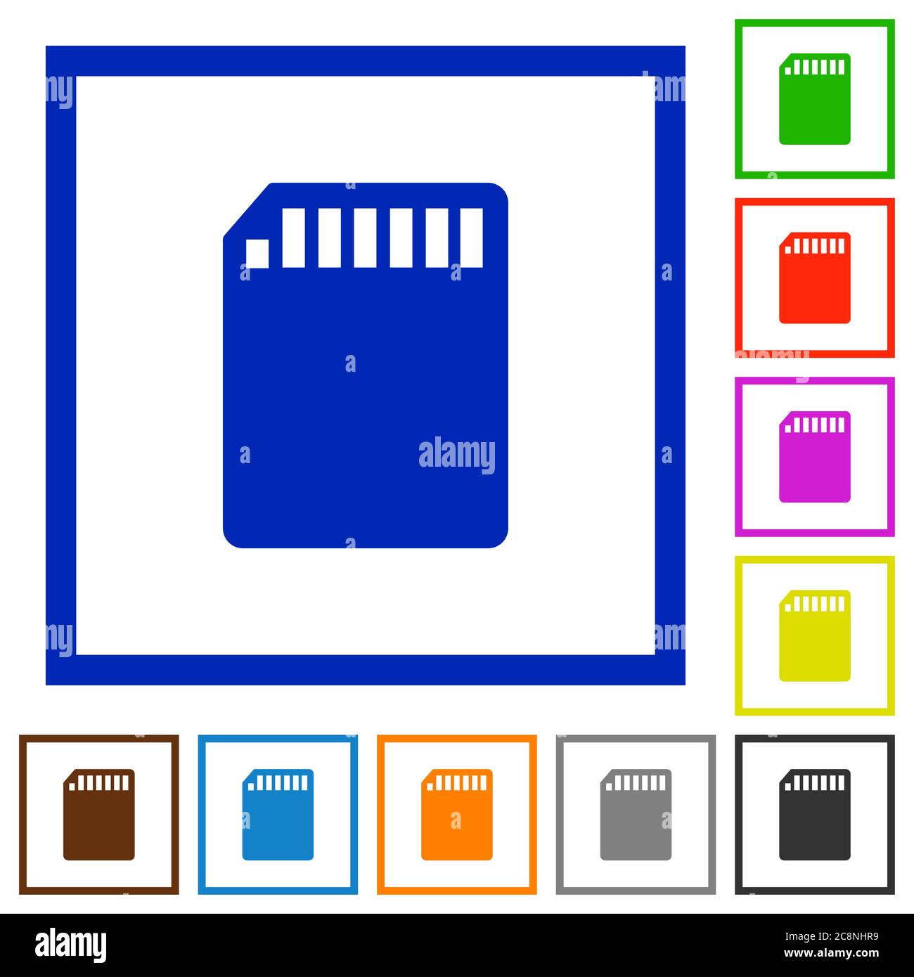 Set of color square framed SD memory card flat icons on white ...