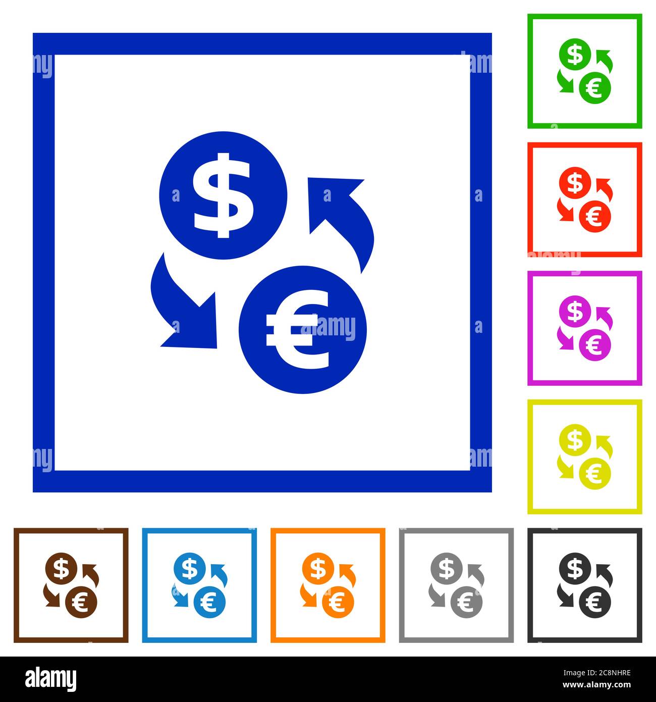 Set of color square framed dollar euro exchange flat icons on white ...