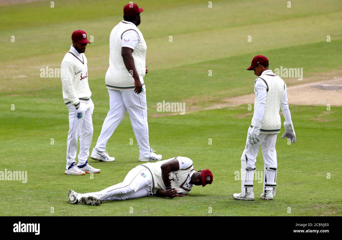 West Indies captain Jason Holder lies on the floor after suffering an