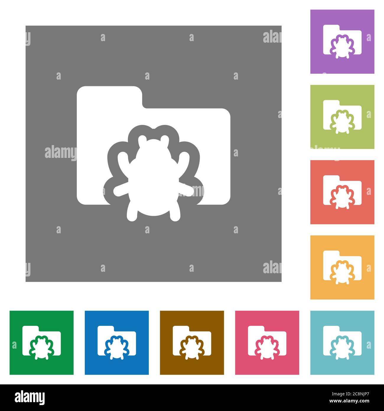 Bug folder flat icon set on color square background. Stock Vector