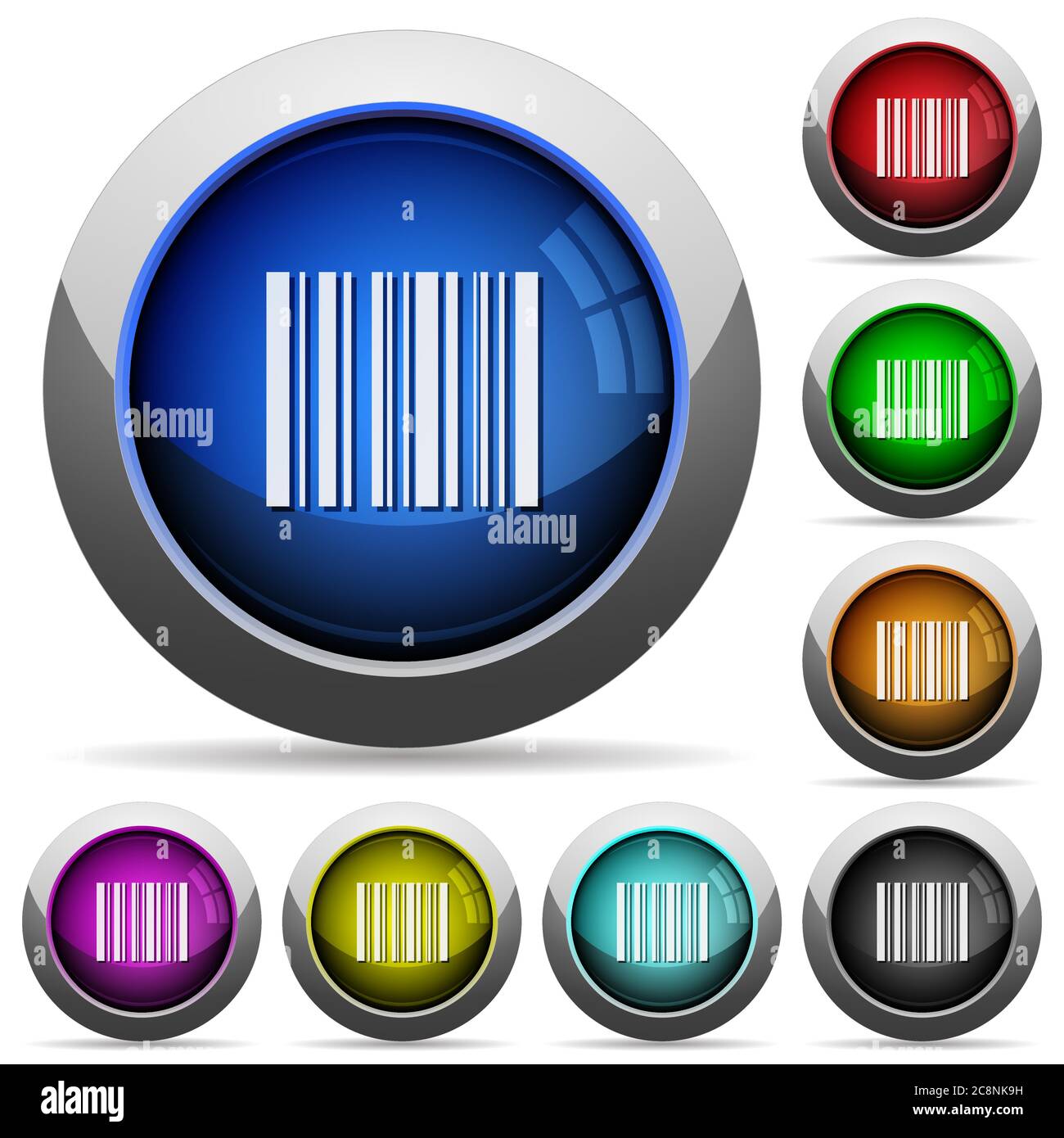 Set of round glossy barcode buttons. Arranged layer structure. Stock Vector