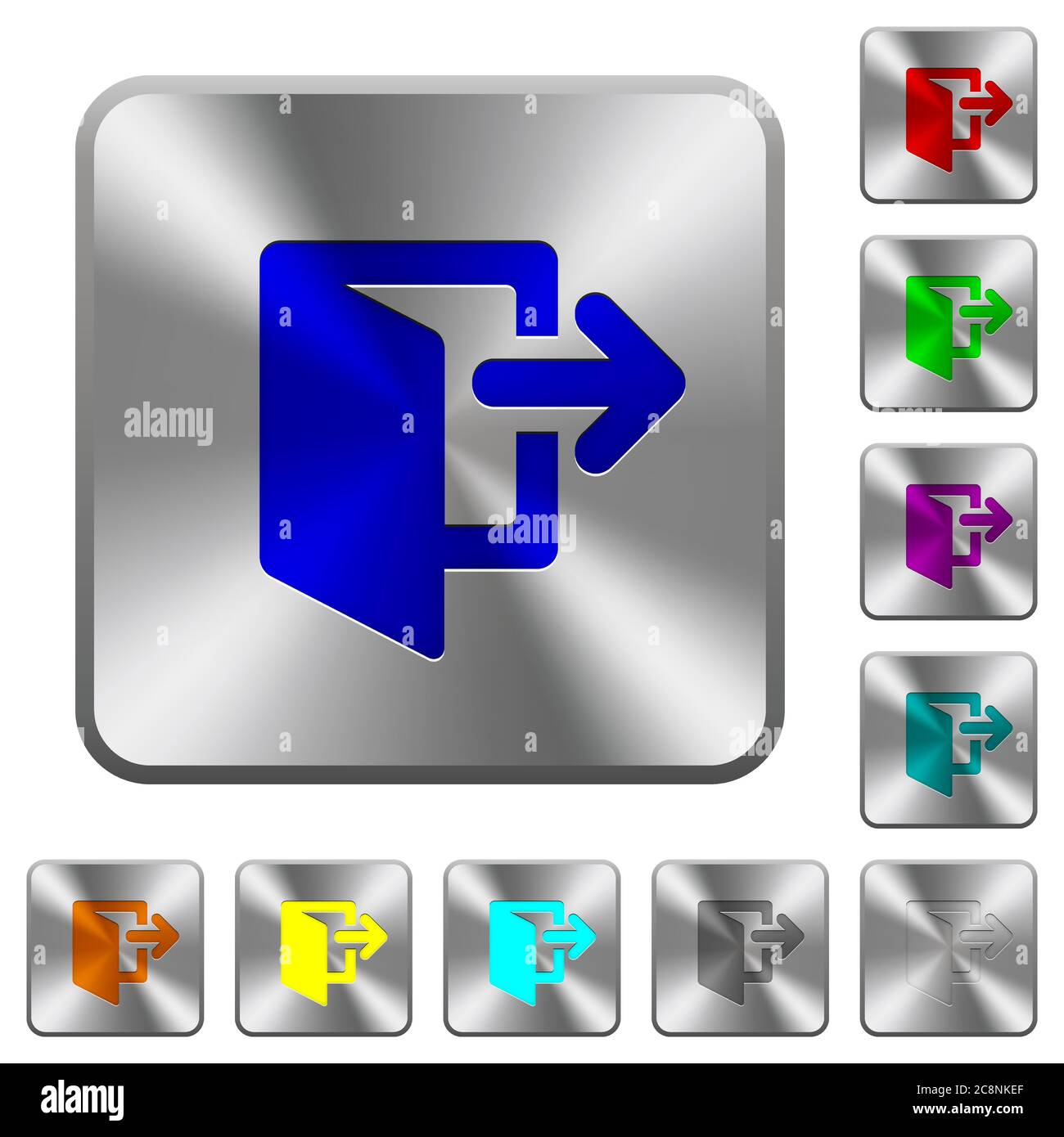 Engraved exit icons on rounded square steel buttons Stock Vector