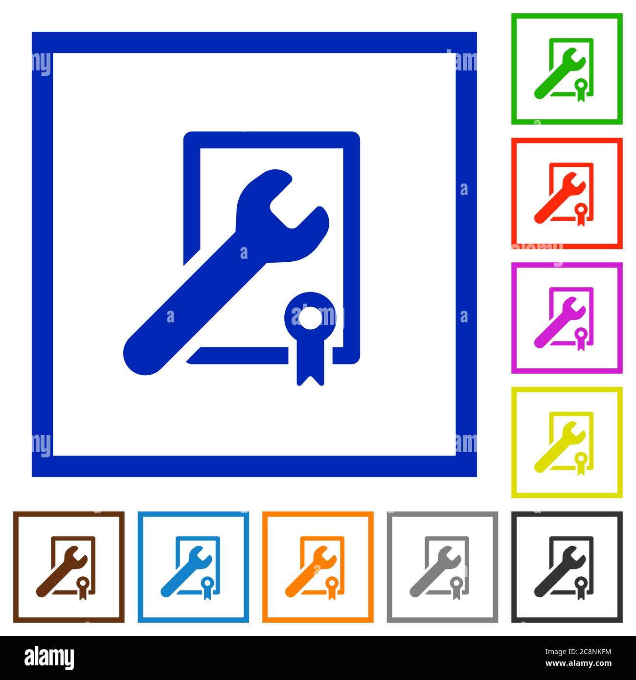 Set of color square framed Award winning support flat icons on white ...