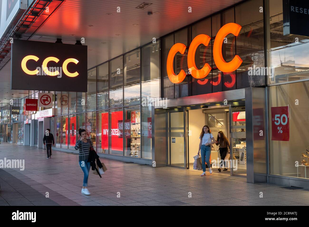 Warsaw, Poland - June 18, 2020: CCC shoes and bags store in the city center in the evening Stock Photo