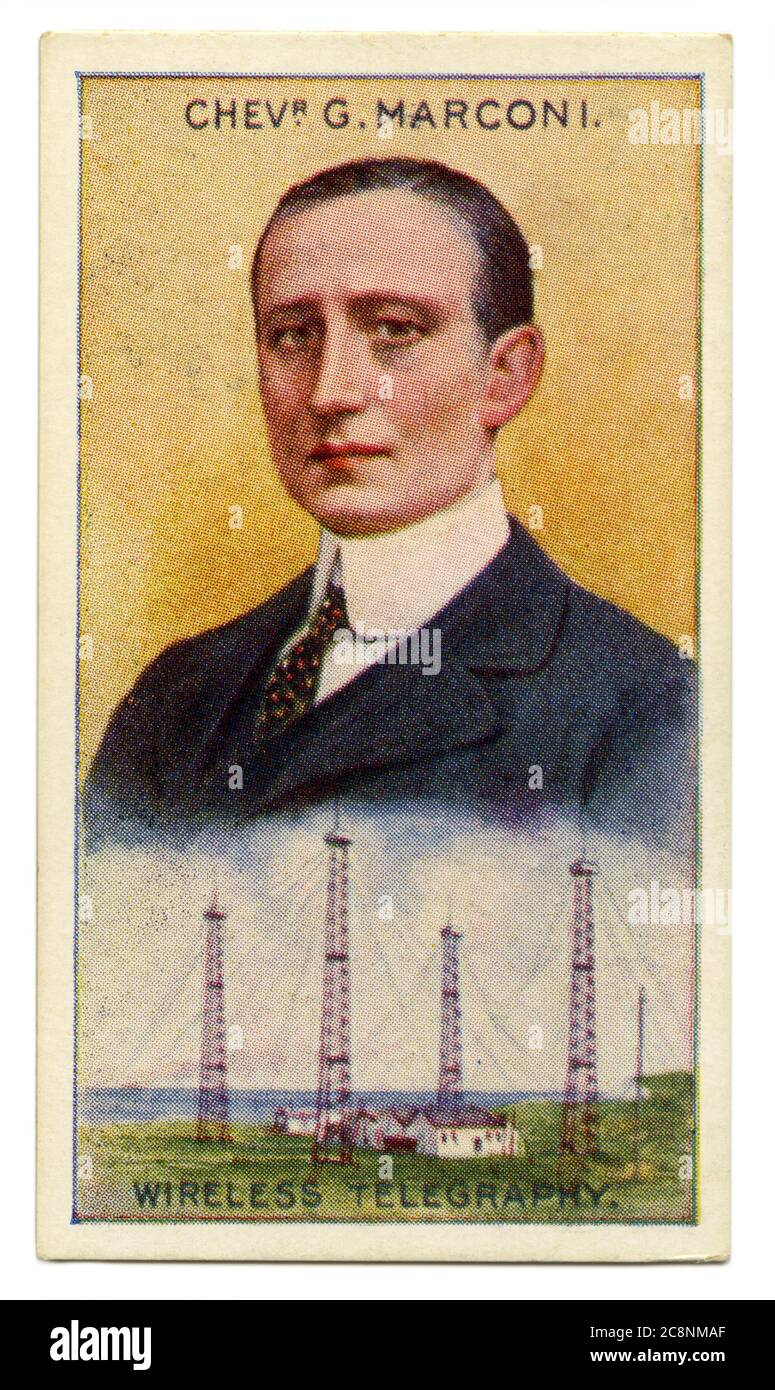 An old cigarette card (c. 1929) with a portrait of Guglielmo Giovanni Maria Marconi, 1st Marquis of Marconi FRSA (1874 –1937) and an illustration showing the masts that enabled wireless telegraphy. Marconi was an Italian inventor and electrical engineer, known for his pioneering work on radio transmission and a radio telegraph system. He is credited as the inventor of radio, and he shared the 1909 Nobel Prize in Physics for his contribution to wireless telegraphy. Marconi was founder of The Wireless Telegraph & Signal Company in the UK in 1897 (which became the Marconi Company). Stock Photo