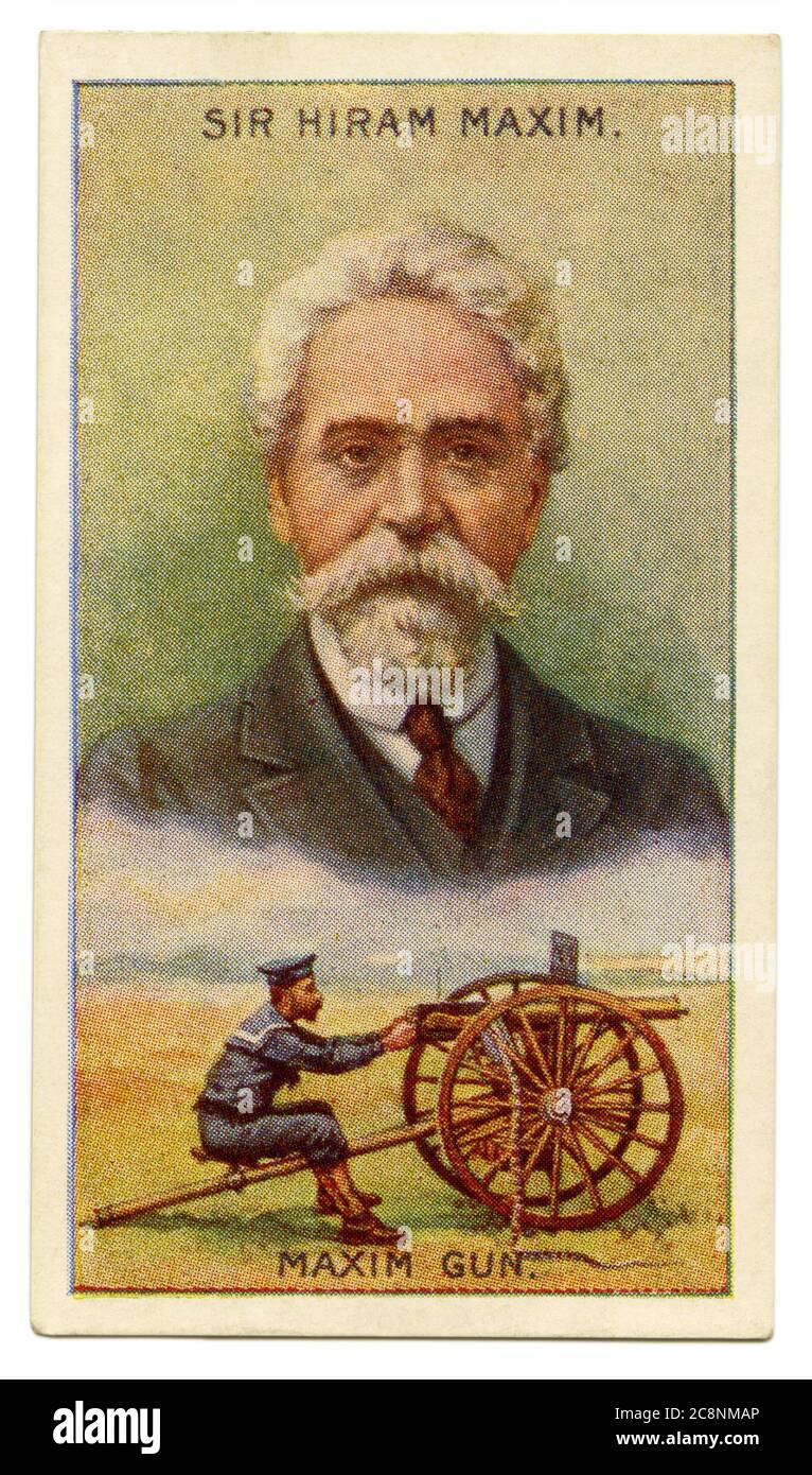 An old cigarette card (c. 1929) with a portrait of Sir Hiram Stevens Maxim (1840–1916) and an illustration of his gun. Maxim was an American-born British inventor best known as the creator of the first portable fully automatic machine gun, the Maxim gun in 1884; it was the first recoil-operated machine gun in production. Maxim held patents on numerous mechanical devices such as hair-curling irons and steam pumps. Maxim laid claim to inventing the lightbulb and experimented with powered flight. Maxim moved from the USA to the UK at the age of 41 and became a British subject in 1899. Stock Photo
