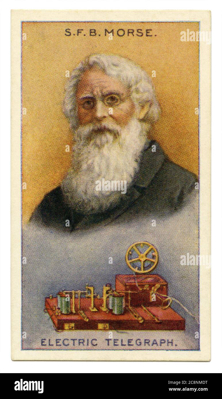 An old cigarette card (c. 1929) with a portrait of Samuel Finley Breese Morse (1791–1872) and an illustration of his electric telegraph. Morse was an American inventor and painter. After having established his reputation as a portrait painter, in his middle age Morse contributed to the invention of a single-wire telegraph system based on European telegraphs. He was a co-developer of Morse code and helped to develop the commercial use of telegraphy. Stock Photo