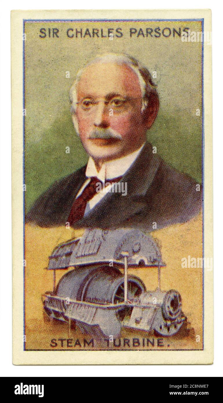 An old cigarette card (c. 1929) with a portrait of Hon. Sir Charles Algernon Parsons, OM, KCB, FRS (1854–1931) and an illustration of his steam turbine. Parsons was an Anglo-Irish engineer, best known for his invention of the compound steam turbine. In 1884 Parsons was head of electrical equipment development at Clarke, Chapman and Co, ship engine manufacturers near Newcastle. He developed a turbine engine there in 1884 and utilised it to drive an electrical generator. Parsons' steam turbine made cheap electricity possible and revolutionised marine transport. Stock Photo