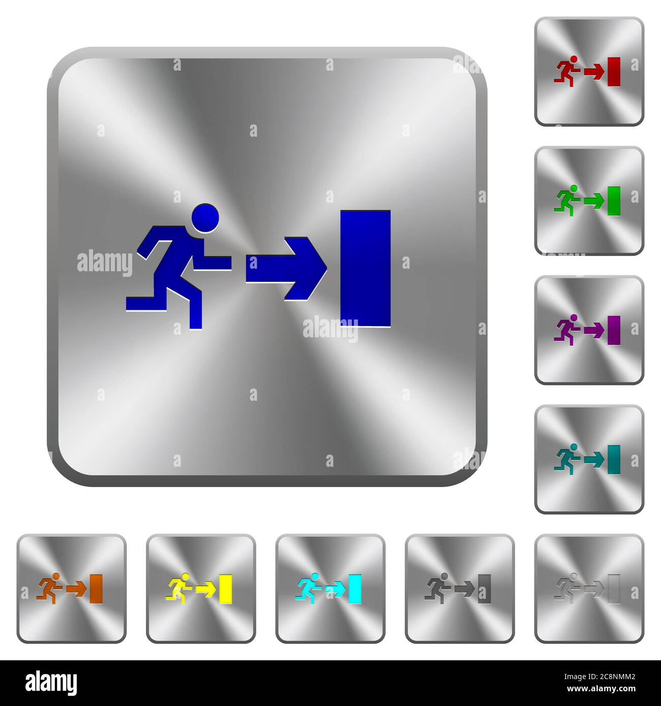 Engraved exit icons on rounded square steel buttons Stock Vector