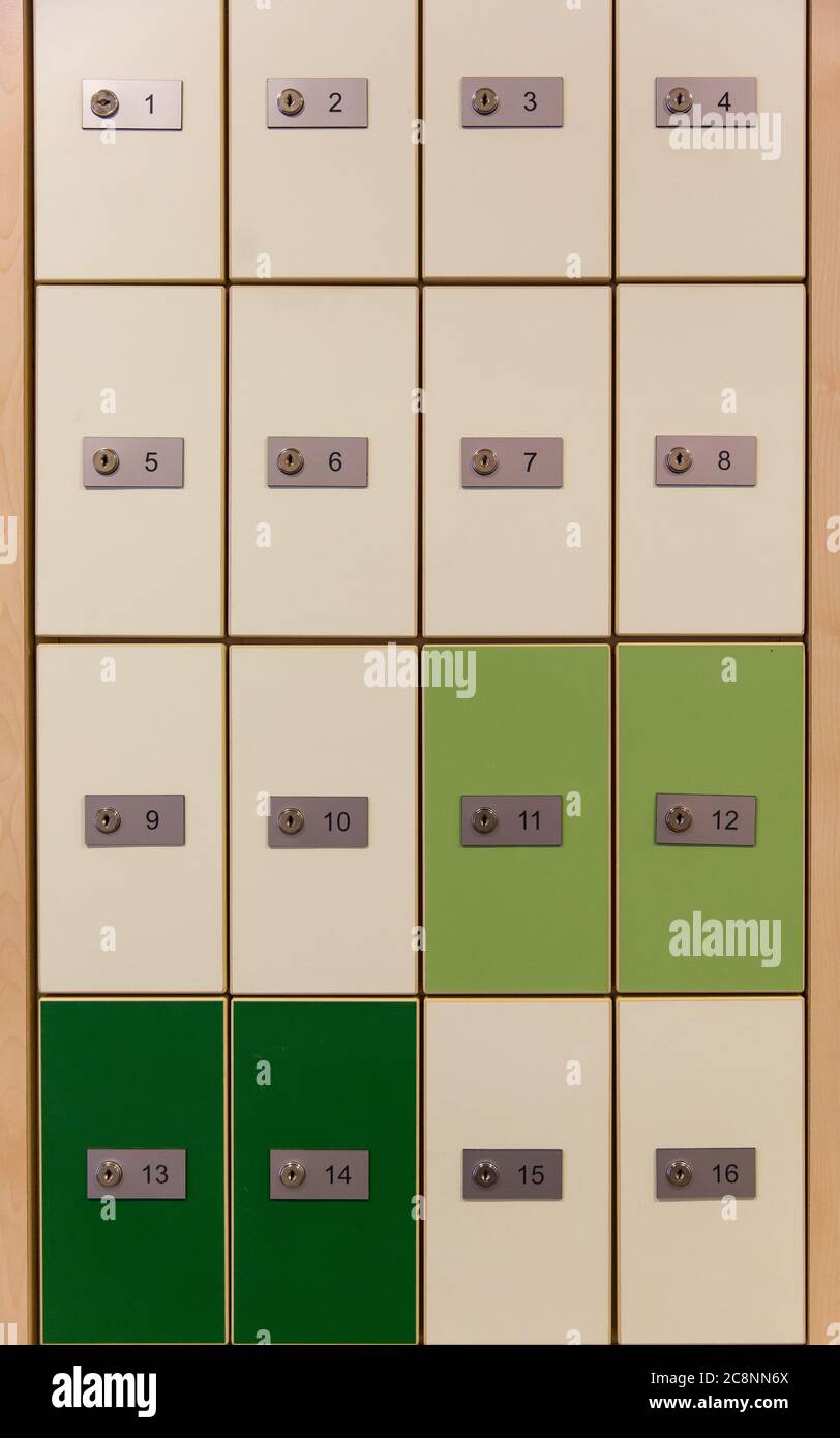 Post Box, Closeup of rows of green and white mailboxes outside