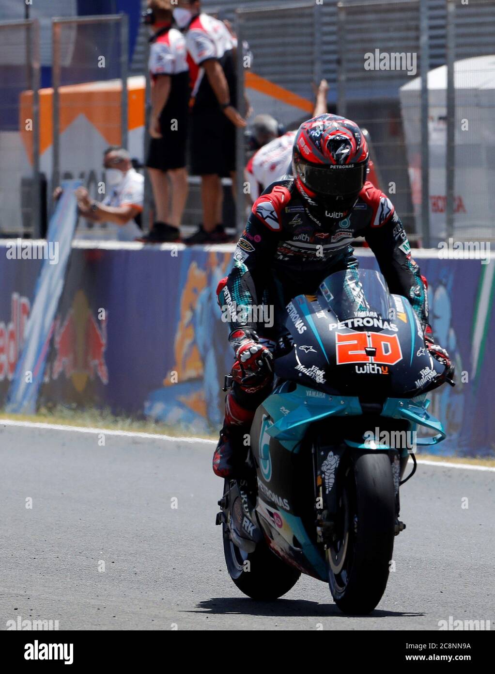 French Motogp Rider Fabio Quartararo Petronas Yamaha Srt Wins The Race As He Arrives To The Finish Line In Jerez Angel Nieto Circuit In Jerez De La Frontera Spain 26 July 2020 During