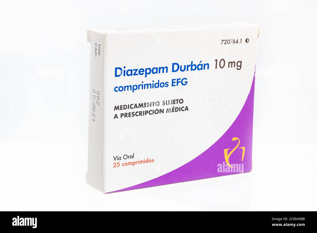 Huelva, Spain - July 23, 2020: Spanish Box of Diazepam brand Durban. Diazepam, first marketed as Valium, is a medicine of the benzodiazepine family th Stock Photo