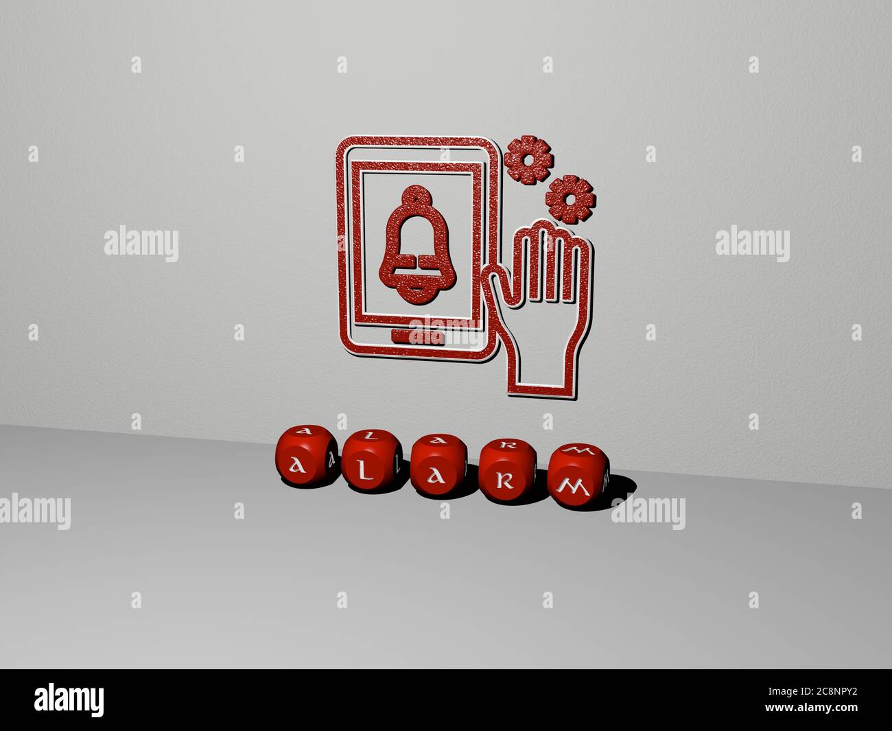 3D illustration of alarm graphics and text made by metallic dice