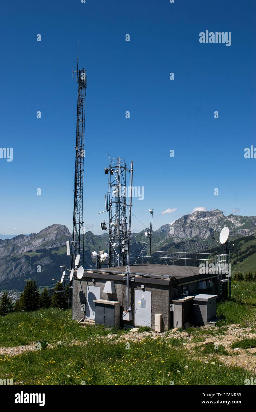 Mountaintop weather station overlooking Chatel Stock Photo
