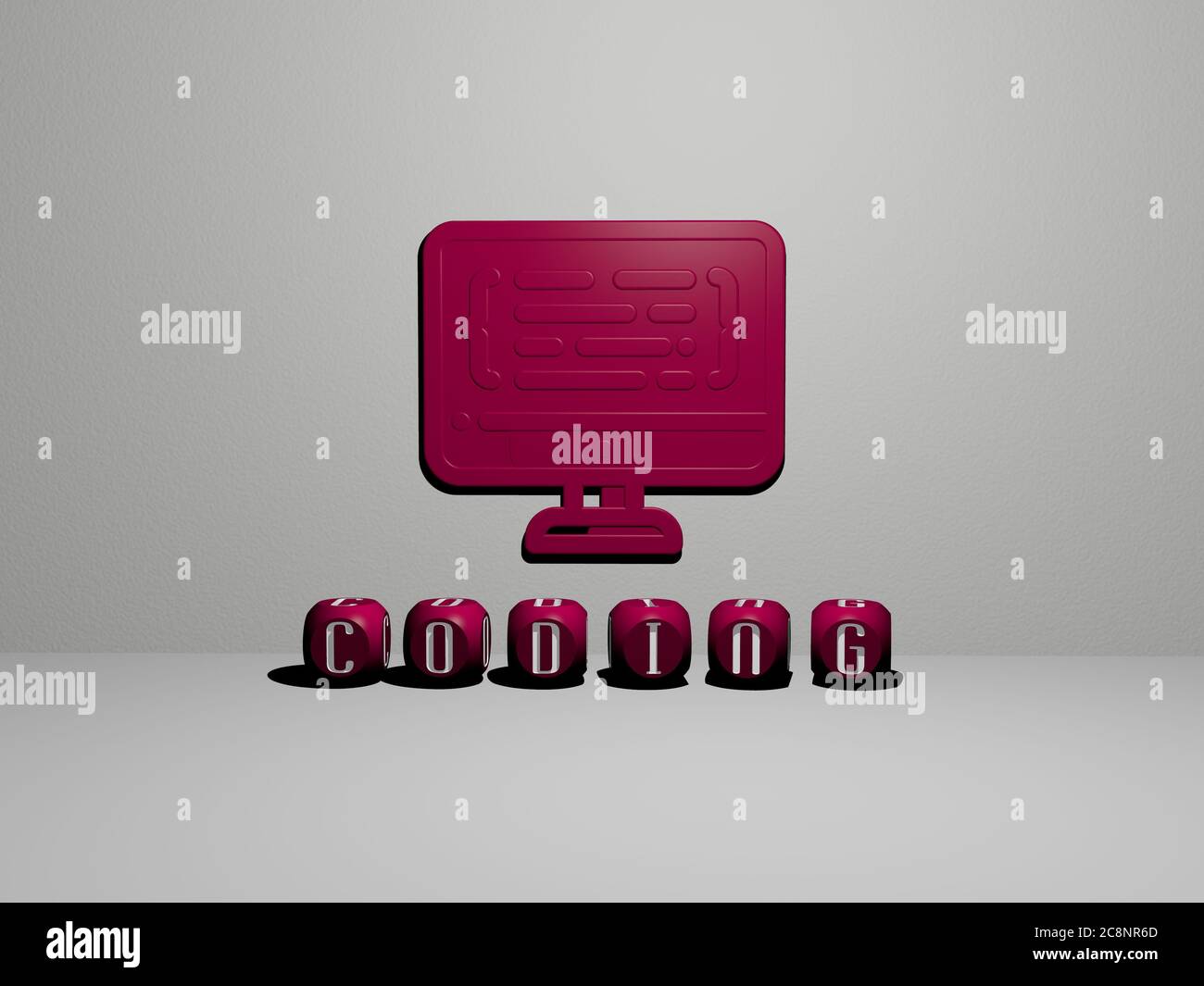 3D representation of CODING with icon on the wall and text arranged by ...