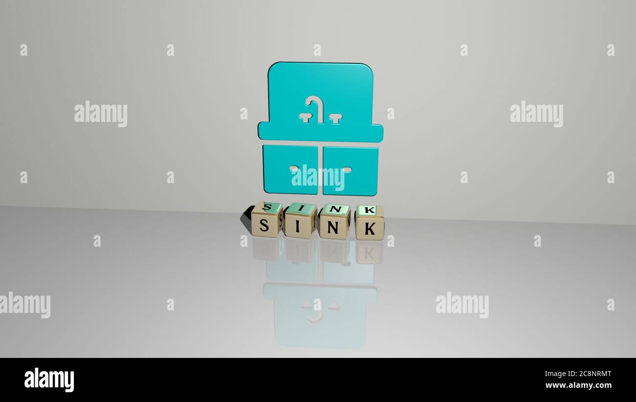 3D illustration of SINK graphics and text made by metallic dice letters ...